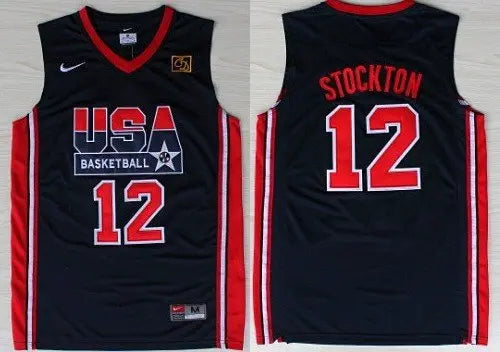 1992 Olympics Team USA #12 John Stockton Navy Blue Swingman Jersey inbean