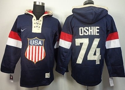 2014 Old Time Hockey Olympics USA #74 T.J. Oshie Navy Blue Hoodie inbean