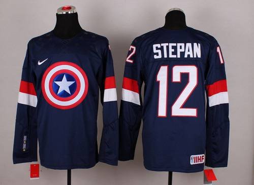 2015 Men's Team USA #12 Derek Stepan Captain America Fashion Navy Blue Jersey inbean