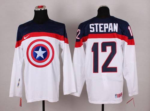 2015 Men's Team USA #12 Derek Stepan Captain America Fashion White Jersey inbean