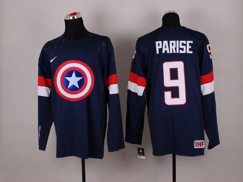 2015 Men's Team USA #9 Zach Parise Captain America Fashion Navy Blue Jersey inbean