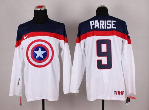 2015 Men's Team USA #9 Zach Parise Captain America Fashion White Jersey inbean