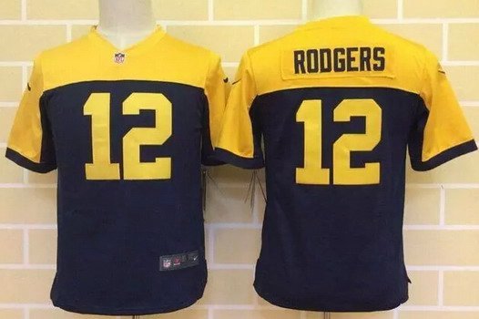 Youth Green Bay Packers #12 Aaron Rodgers Navy Blue Gold Alternate NFL Nike Game Jersey inbean