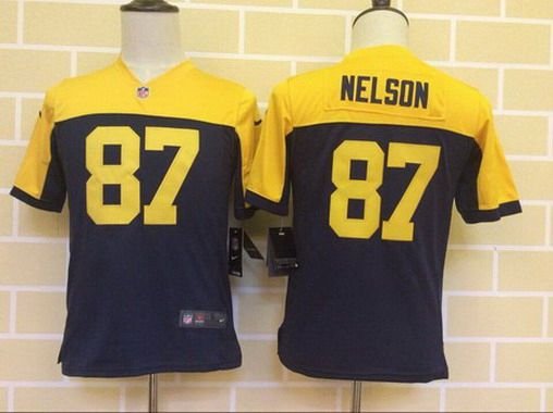 Youth Green Bay Packers #87 Jordy Nelson Navy Blue Gold Alternate NFL Nike Game Jersey inbean