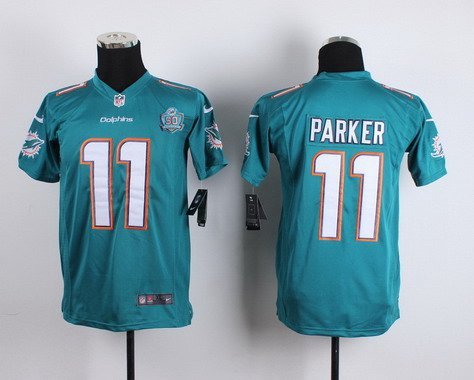 Youth Miami Dolphins #11 DeVante Parker Aqua Green Team Color 2015 NFL 50th Patch Nike Game Jersey inbean