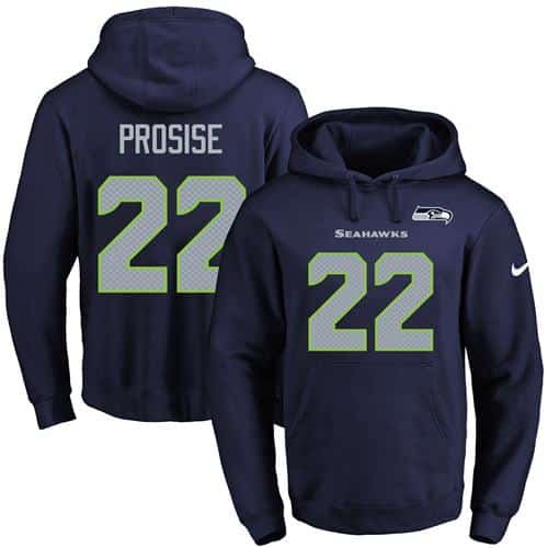 Nike Seahawks #22 C. J. Prosise Navy Blue Name & Number Pullover NFL Hoodie inbean