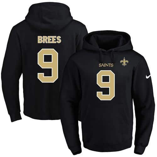 Nike Saints #9 Drew Brees Black Name & Number Pullover NFL Hoodie inbean