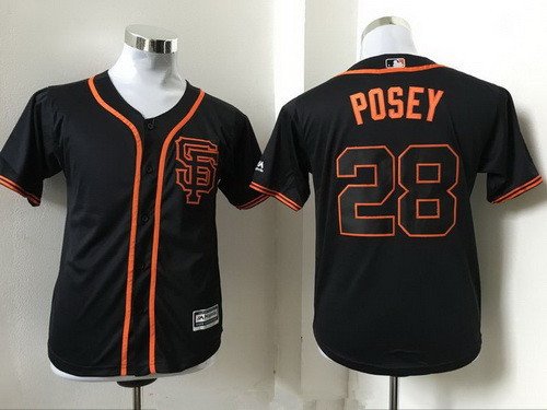 Youth San Francisco Giants #28 Buster Posey Black SF Stitched MLB Majestic Cool Base Jersey inbean