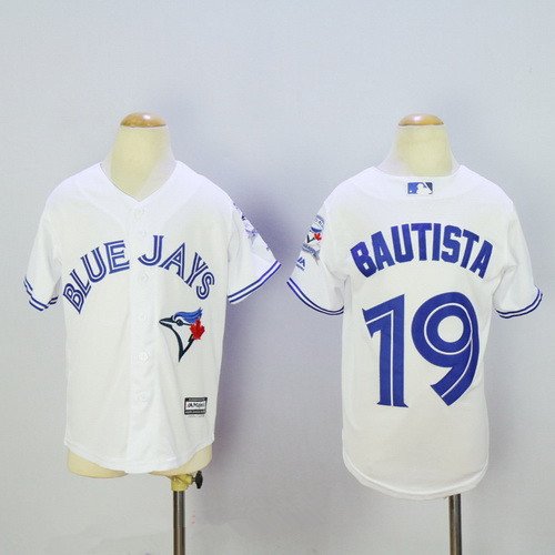 Youth Toronto Blue Jays #19 Jose Bautista White 40th Anniversary Patch Stitched MLB Majestic Cool Base Jersey inbean