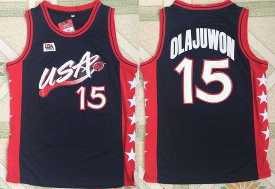 1996 Olympics Team USA Men's #15 Hakeem Olajuwon Navy Blue Stitched Basketball Swingman Jersey inbean