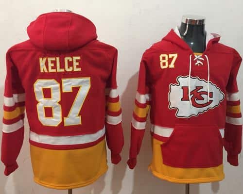 Nike Kansas City Chiefs #87 Travis Kelce Red Gold Name & Number Pullover NFL Hoodie inbean