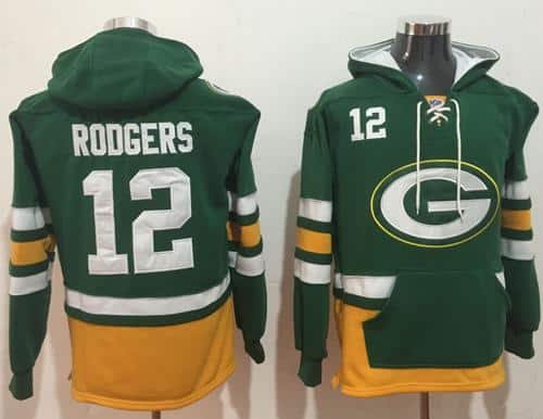 Nike Green Bay Packers #12 Aaron Rodgers Green Gold Name & Number Pullover NFL Hoodie inbean