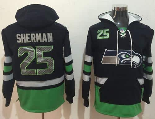 Nike Seattle Seahawks #25 Richard Sherman Navy Blue Green Name & Number Pullover NFL Hoodie inbean