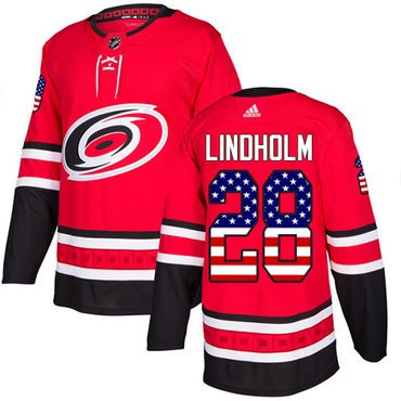 Adidas Hurricanes #28 Elias Lindholm Red Home Authentic USA Flag Stitched Youth NHL Jersey inbean