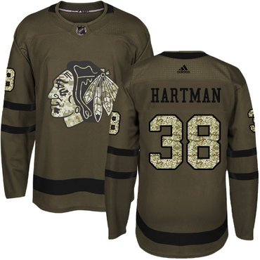 Adidas Blackhawks #38 Ryan Hartman Green Salute to Service Stitched Youth NHL Jersey inbean