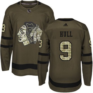 Adidas Blackhawks #9 Bobby Hull Green Salute to Service Stitched Youth NHL Jersey inbean