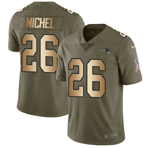 Youth Nike Patriots 26 Sony Michel Olive Gold Stitched NFL Limited 2017 Salute To Service Jersey inbean