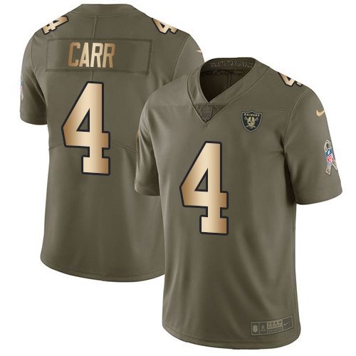 Youth Nike Oakland Raiders 4 Derek Carr Olive Gold Stitched NFL Limited 2017 Salute to Service Jersey inbean