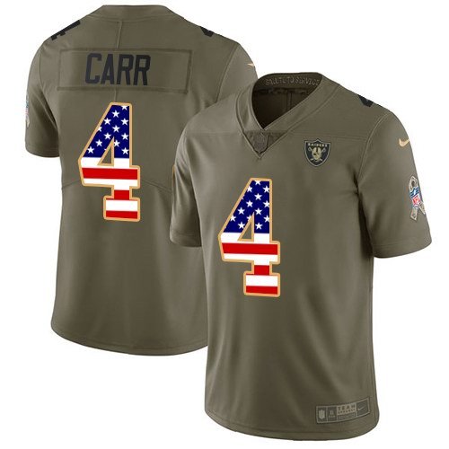 Youth Nike Oakland Raiders 4 Derek Carr Olive USA Flag Stitched NFL Limited 2017 Salute to Service Jersey inbean