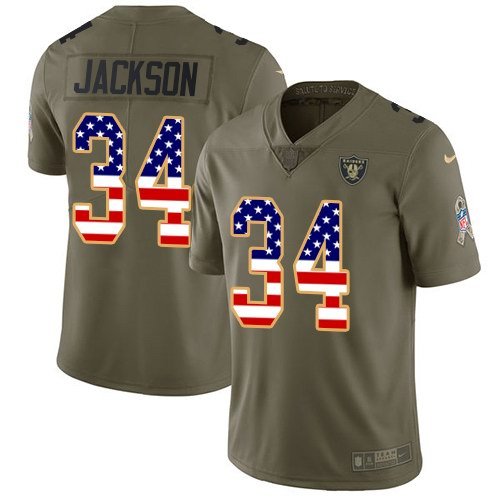 Youth Nike Oakland Raiders 34 Bo Jackson Olive USA Flag Stitched NFL Limited 2017 Salute to Service Jersey inbean