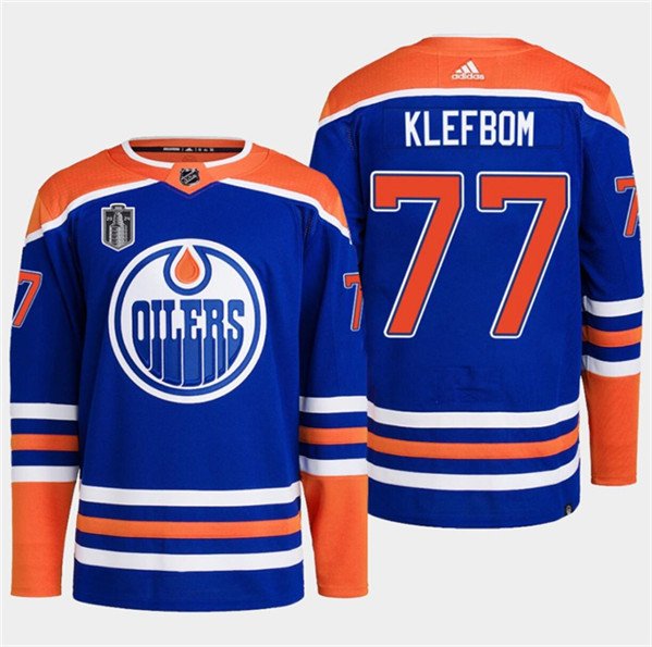 Men's Edmonton Oilers #77 Oscar Klefbom Royal 2024 Stanley Cup Final Patch Stitched Jersey inbean