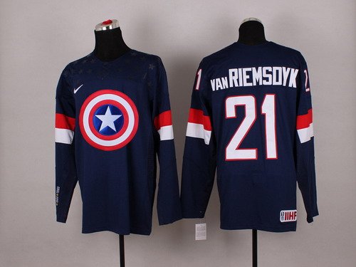 2015 Men's Team USA #21 James van Riemsdyk Captain America Fashion Navy Blue Jersey inbean