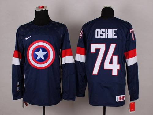 2015 Men's Team USA #74 T.J. Oshie Captain America Fashion Navy Blue Jersey inbean