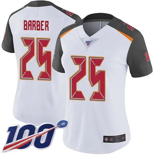 Buccaneers #25 Peyton Barber White Women's Stitched Football 100th Season Vapor Limited Jersey inbean