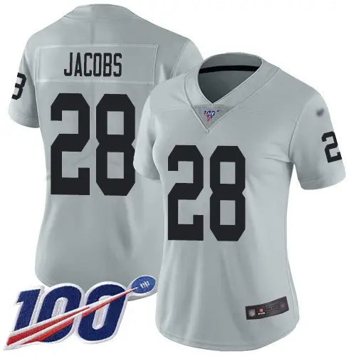 Nike Raiders #28 Josh Jacobs Silver Women's Stitched NFL Limited Inverted Legend 100th Season Jersey inbean