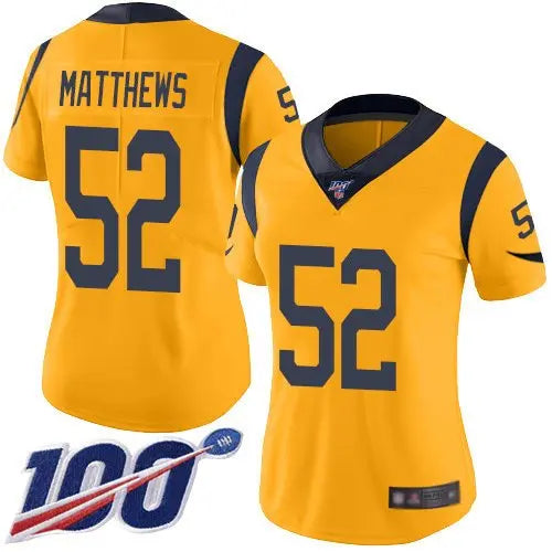 Rams #52 Clay Matthews Gold Women's Stitched Football Limited Rush 100th Season Jersey inbean