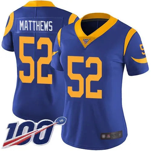 Rams #52 Clay Matthews Royal Blue Alternate Women's Stitched Football 100th Season Vapor Limited Jersey inbean