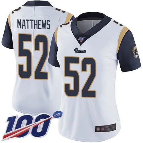 Rams #52 Clay Matthews White Women's Stitched Football 100th Season Vapor Limited Jersey inbean