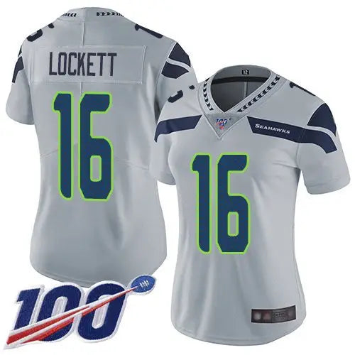 Seahawks #16 Tyler Lockett Grey Alternate Women's Stitched Football 100th Season Vapor Limited Jersey inbean