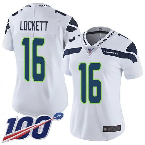 Seahawks #16 Tyler Lockett White Women's Stitched Football 100th Season Vapor Limited Jersey inbean