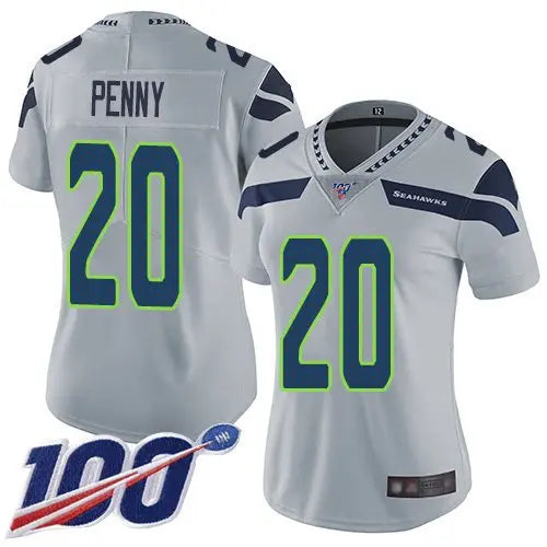 Seahawks #20 Rashaad Penny Grey Alternate Women's Stitched Football 100th Season Vapor Limited Jersey inbean