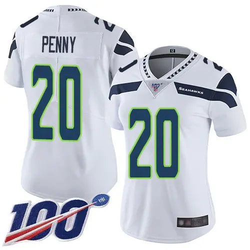 Seahawks #20 Rashaad Penny White Women's Stitched Football 100th Season Vapor Limited Jersey inbean