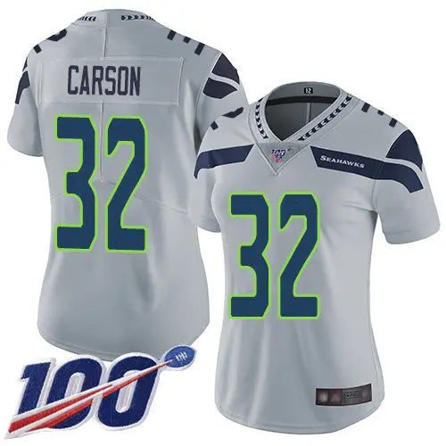 Seahawks #32 Chris Carson Grey Alternate Women's Stitched Football 100th Season Vapor Limited Jersey inbean