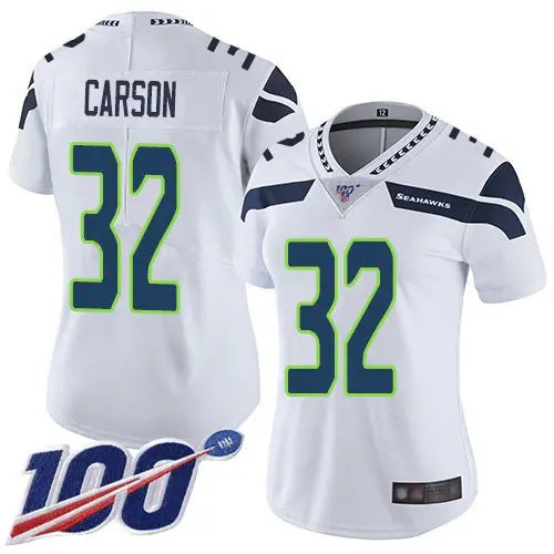 Seahawks #32 Chris Carson White Women's Stitched Football 100th Season Vapor Limited Jersey inbean