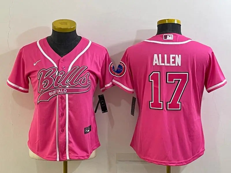 Women's Buffalo Bills #17 Josh Allen Pink With Patch Cool Base Stitched Baseball Jersey inbean