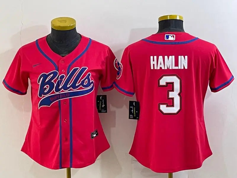 Women's Buffalo Bills #3 Damar Hamlin Red With Patch Cool Base Stitched Baseball Jersey inbean