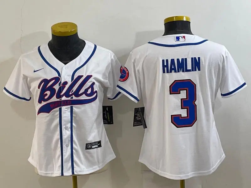 Women's Buffalo Bills #3 Damar Hamlin White With Patch Cool Base Stitched Baseball Jersey inbean