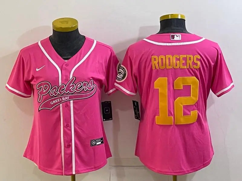 Women's Green Bay Packers #12 Aaron Rodgers Pink Gold With Patch Cool Base Stitched Baseball Jersey inbean