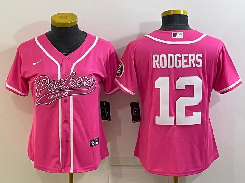 Women's Green Bay Packers #12 Aaron Rodgers Pink With Patch Cool Base Stitched Baseball Jersey inbean