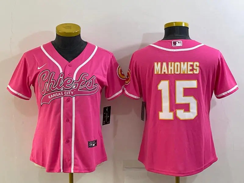 Women's Kansas City Chiefs #15 Patrick Mahomes Pink White With Patch Cool Base Stitched Baseball Jersey inbean