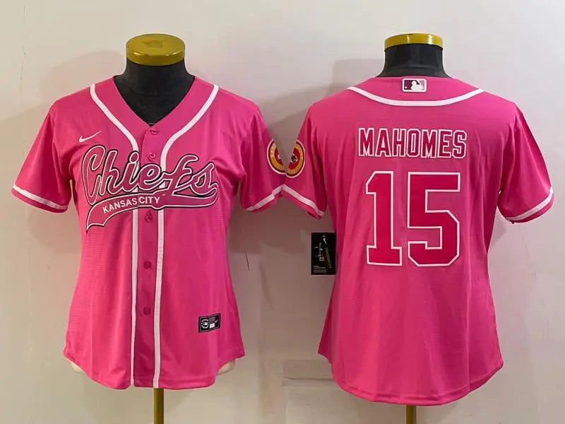 Women's Kansas City Chiefs #15 Patrick Mahomes Pink With Patch Cool Base Stitched Baseball Jersey inbean