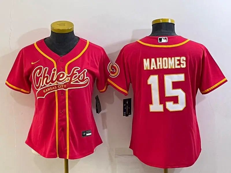 Women's Kansas City Chiefs #15 Patrick Mahomes Red With Patch Cool Base Stitched Baseball Jersey inbean