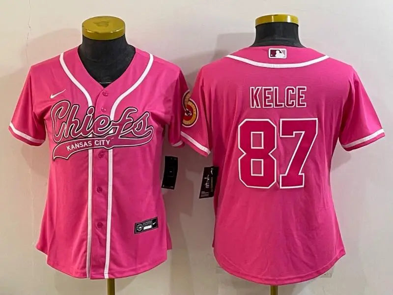 Women's Kansas City Chiefs #87 Travis Kelce Pink With Patch Cool Base Stitched Baseball Jersey inbean