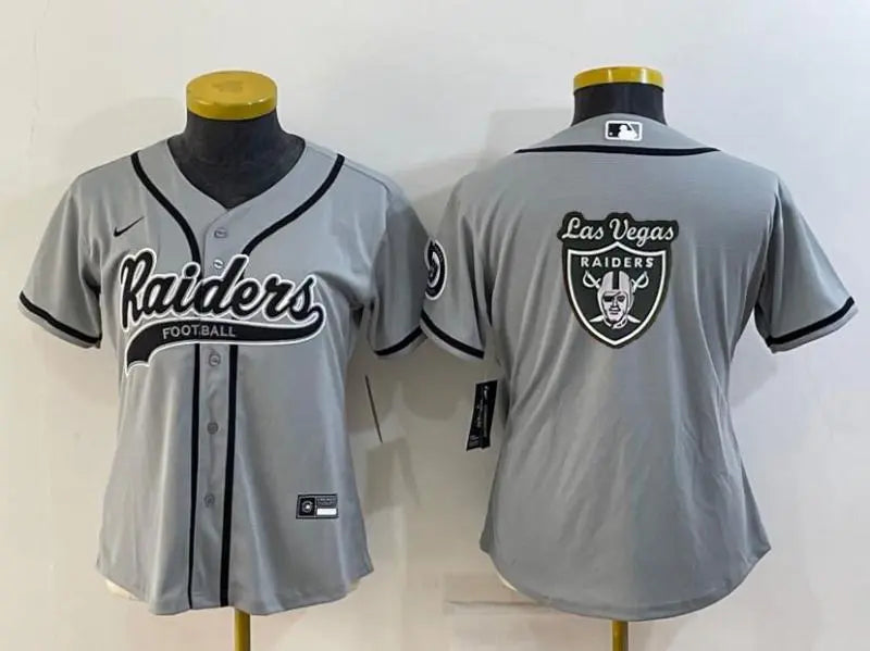 Women's Las Vegas Raiders Grey Team Big Logo With Patch Cool Base Stitched Baseball Jersey inbean