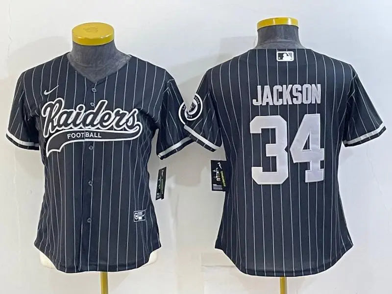 Women's Las Vegas Raiders #34 Bo Jackson Black Team Big Logo With Patch Cool Base Stitched Baseball Jersey inbean