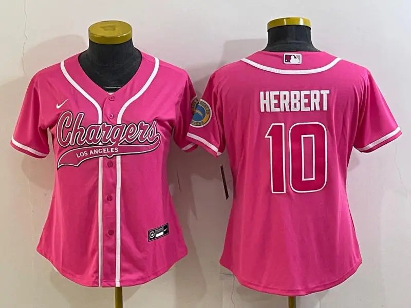 Women's Los Angeles Chargers #10 Justin Herbert Pink With Patch Cool Base Stitched Baseball Jersey inbean